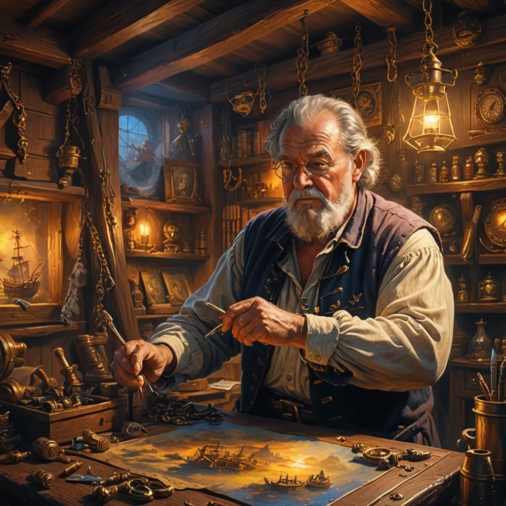 Grandfather's Pirate Ship Painting in Dark Fantasy Style