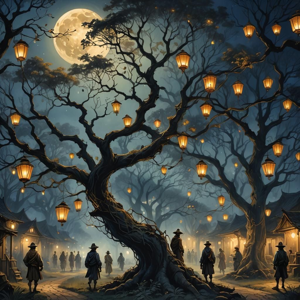 Fantasy Village Night: Arthur Rackham Inspired Oil Painting