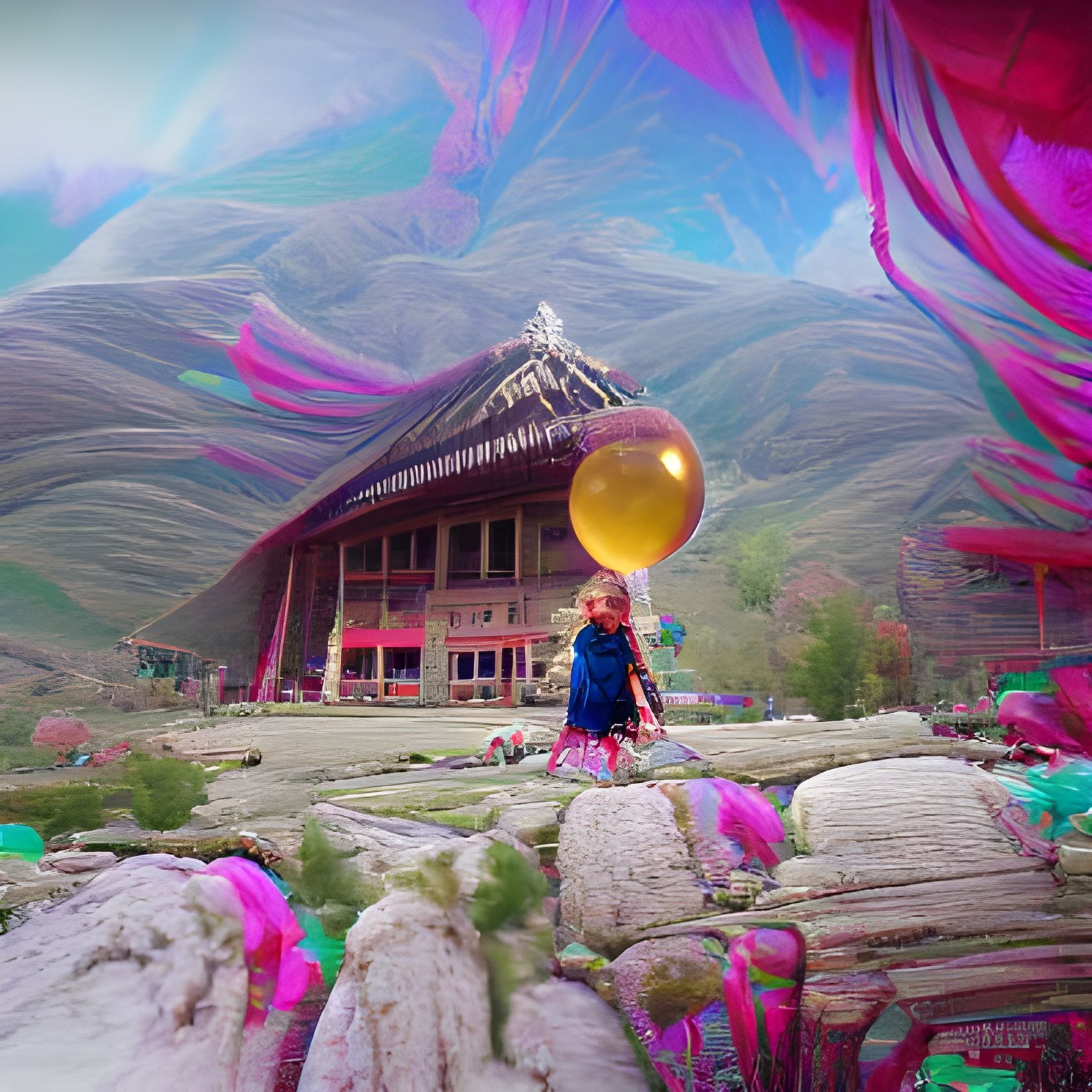 A Chinese temple in the mountains and a girl with a balloon beautiful psychedelic 8K 3D