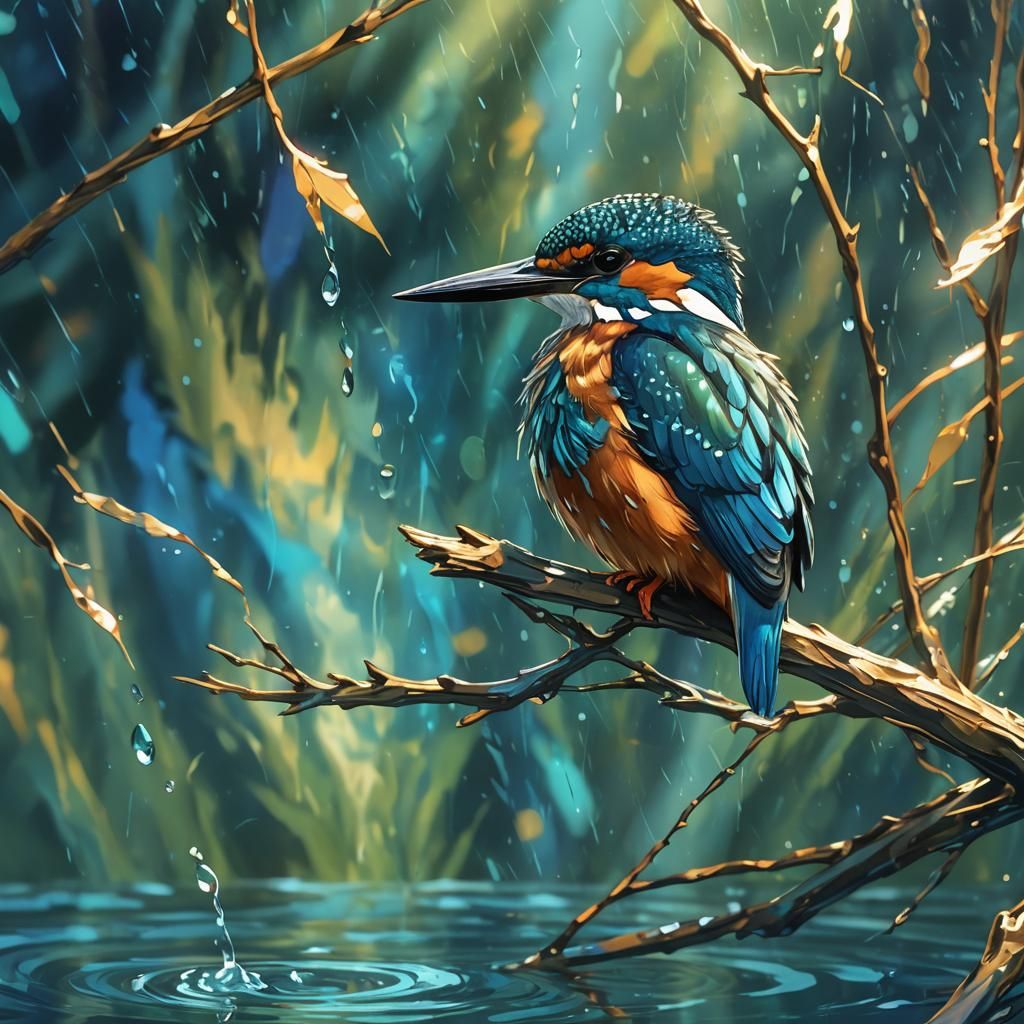 Kingfisher in Abstract Anime Style