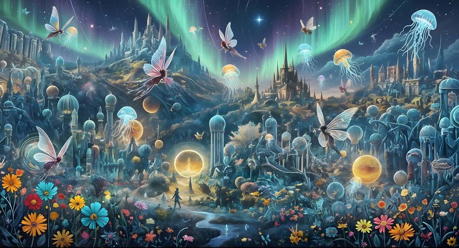 Bioluminescent Jellyfish Amidst Star Trails