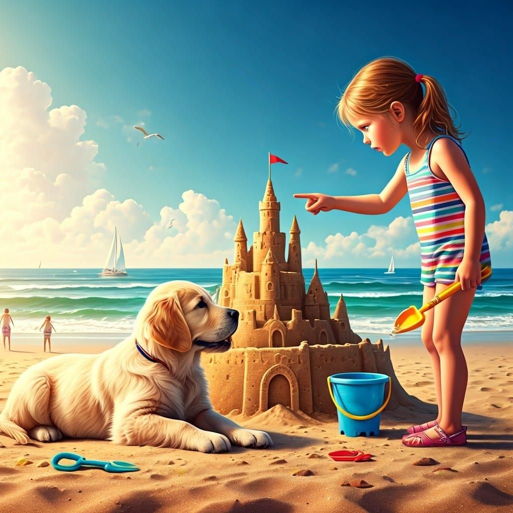 Golden Retriever Puppy Guards Sandcastle on Beach