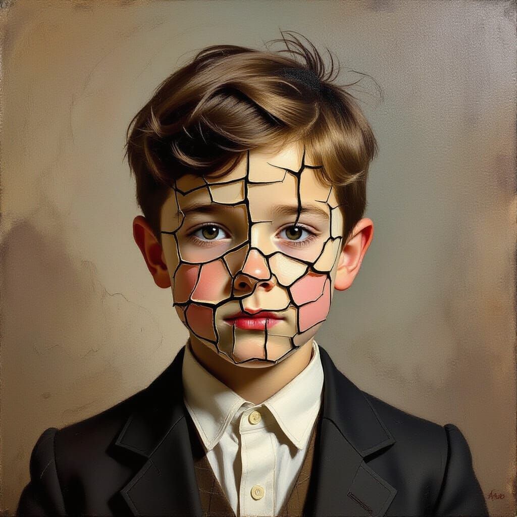 Cracked Portrait of Boy in Oil and Paraffin Style