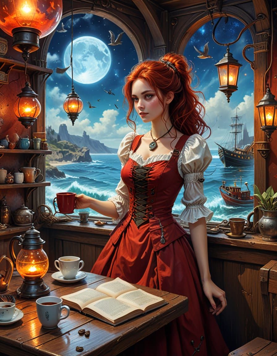 Enchanted Cafe with Mystical Creatures and Floating Lanterns