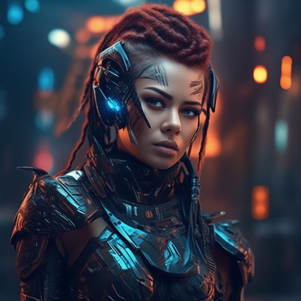 Cyberpunk Warrior Woman in Futuristic Cityscape