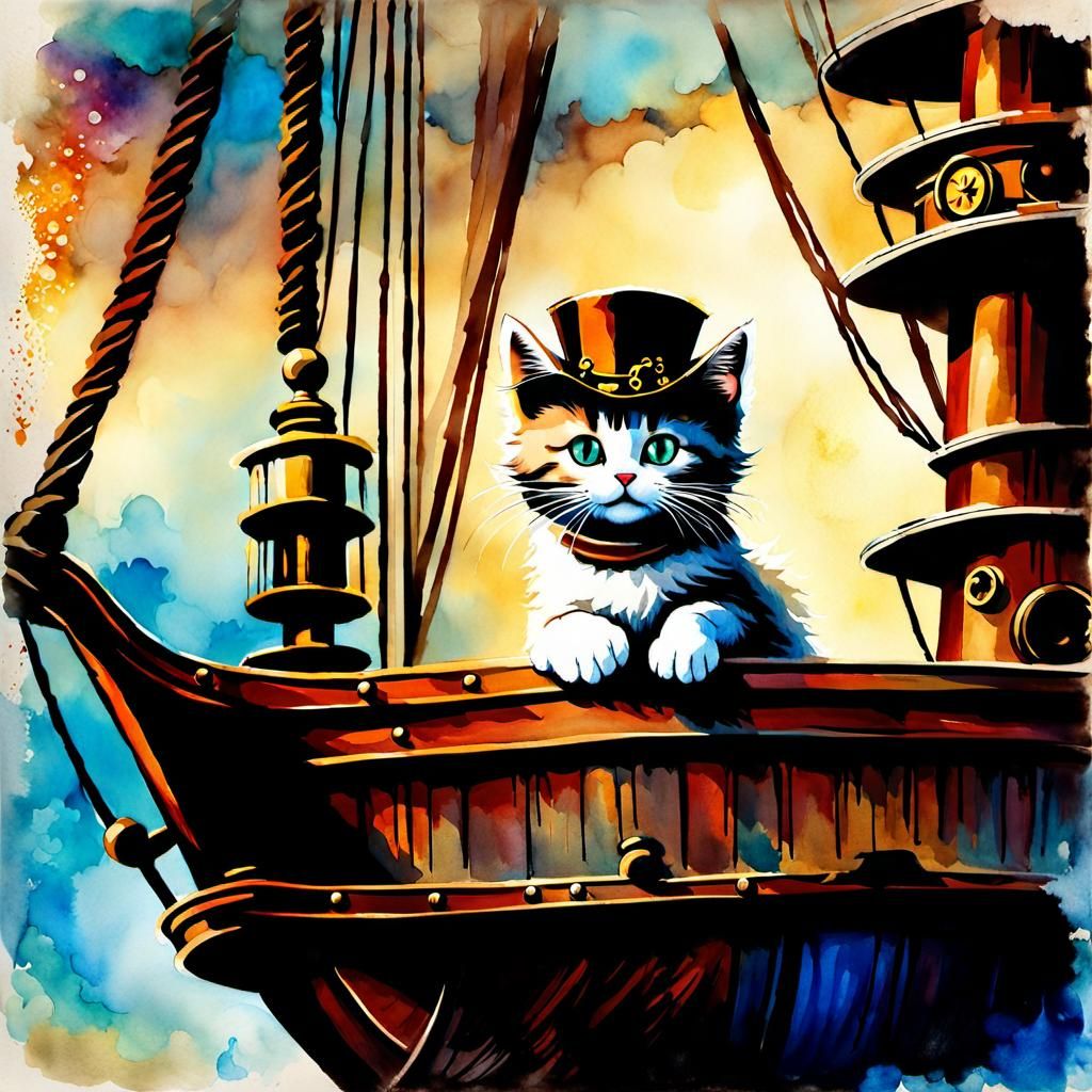 Steampunk Whimsy: A Curious Kitten and His Father on a Vinta...