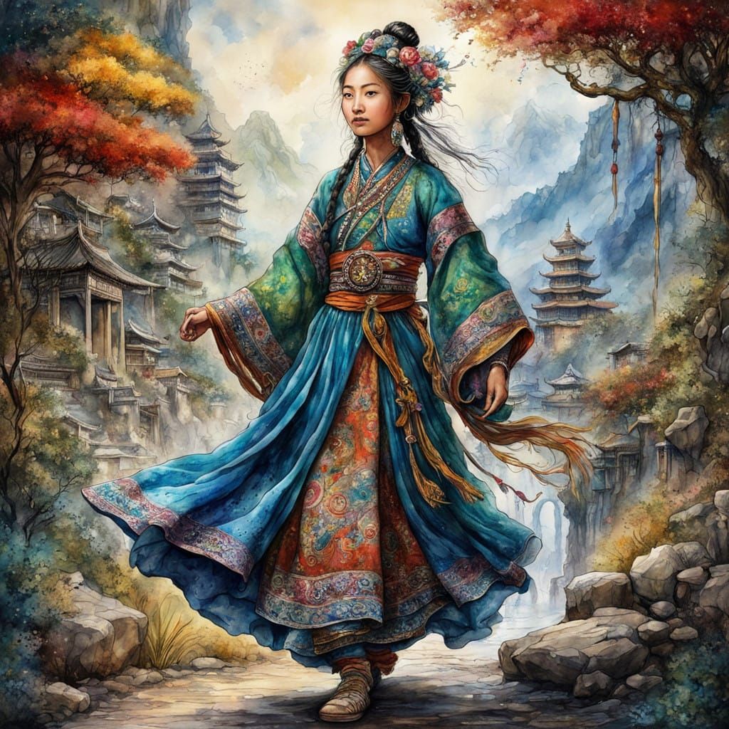 Whimsical Tibetan Goddess Portrait - Watercolor and Ink Illu...