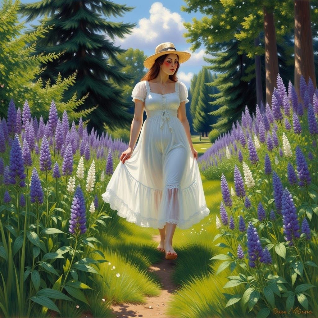 Ethereal Goddess Strolls Through Enchanted Meadow