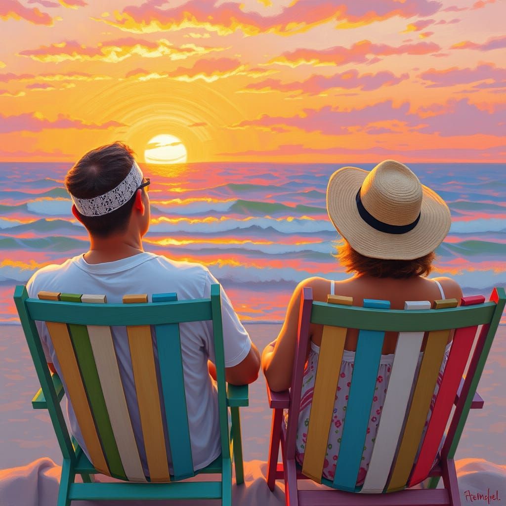 Impressionist Sunset: Couple Gazing at the Ocean