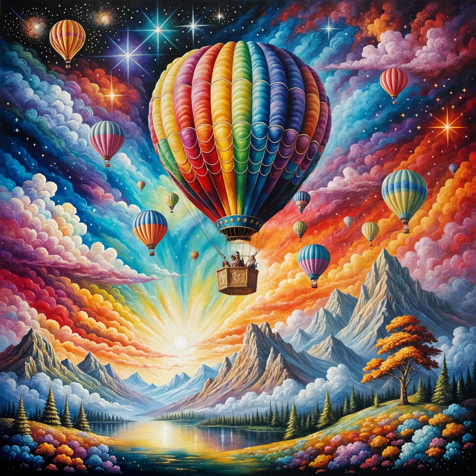 Ornate Hot Air Balloon over Multicolored Nebula