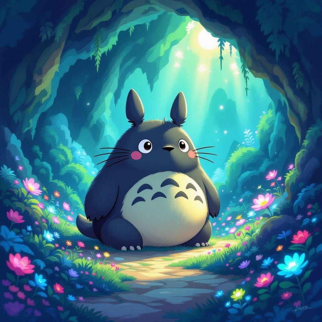 Whimsical Giant Creature Explores Glowing Fantasy Cave