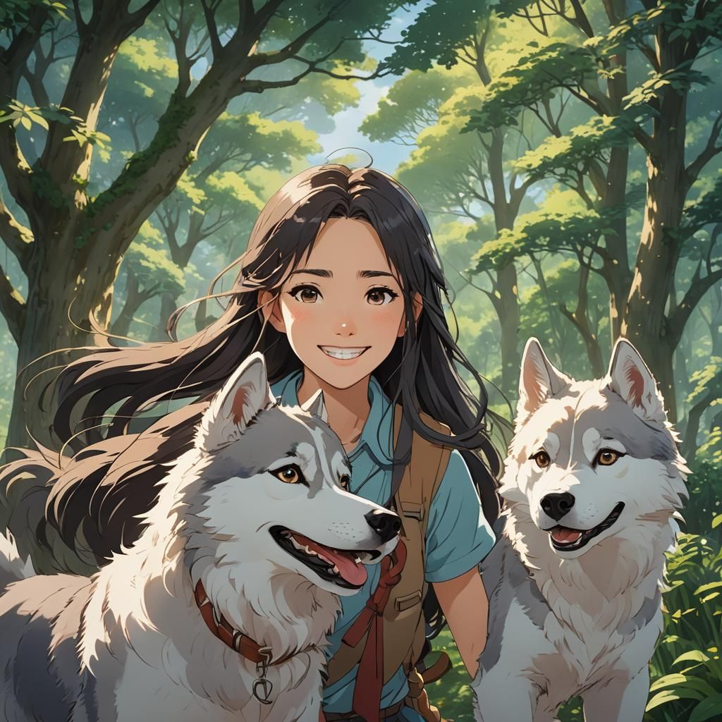 Anime Girl Plays with Husky, Ghibli Style