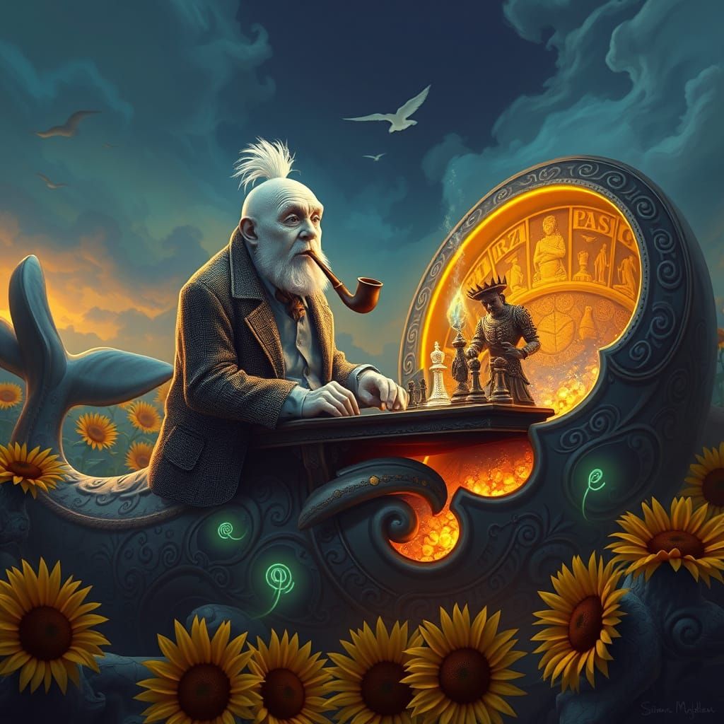 Whale in Tweed on Nautilus with Sunflowers