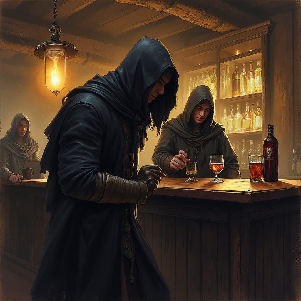 Mysterious Figure Enters Dimly Lit Tavern