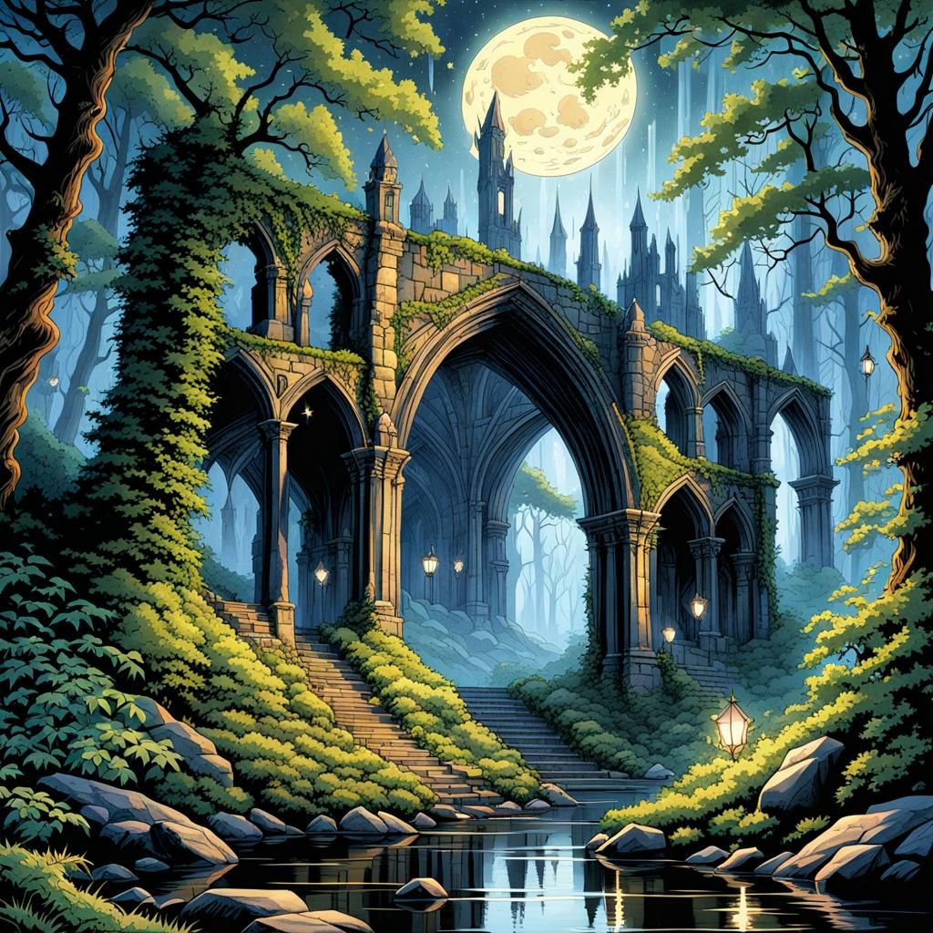 Gothic Forest Ruins in Watercolor Style