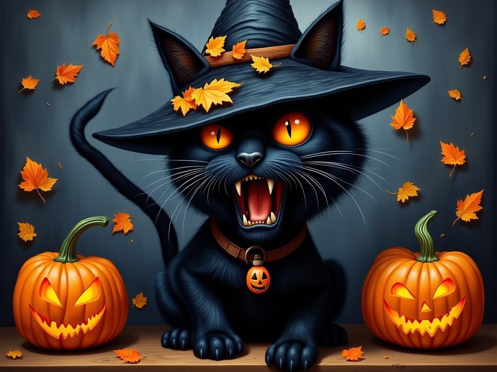 Eerie Black Cat Painting with Witch Hat and Pumpkins