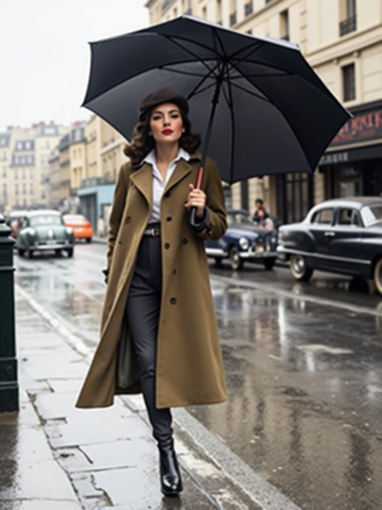 Elegant Parisian Woman in 1950s Street Scene
