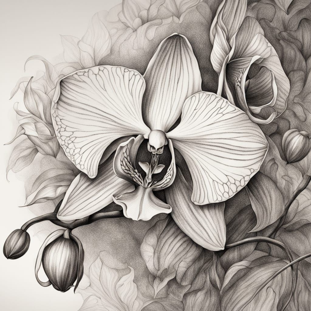 Orchid and Ouroboros in Detailed Pencil Sketch