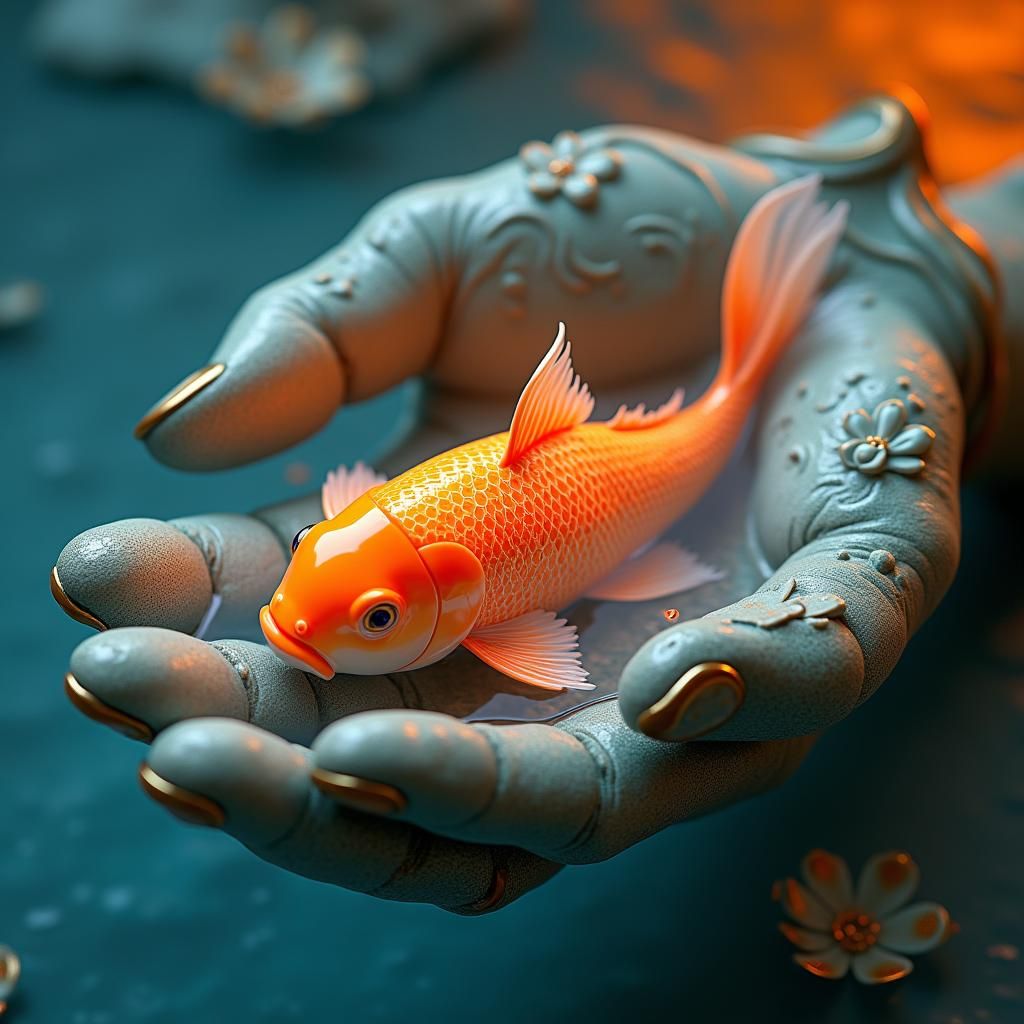 Koi Fish Pond Held in Ceramic Hand