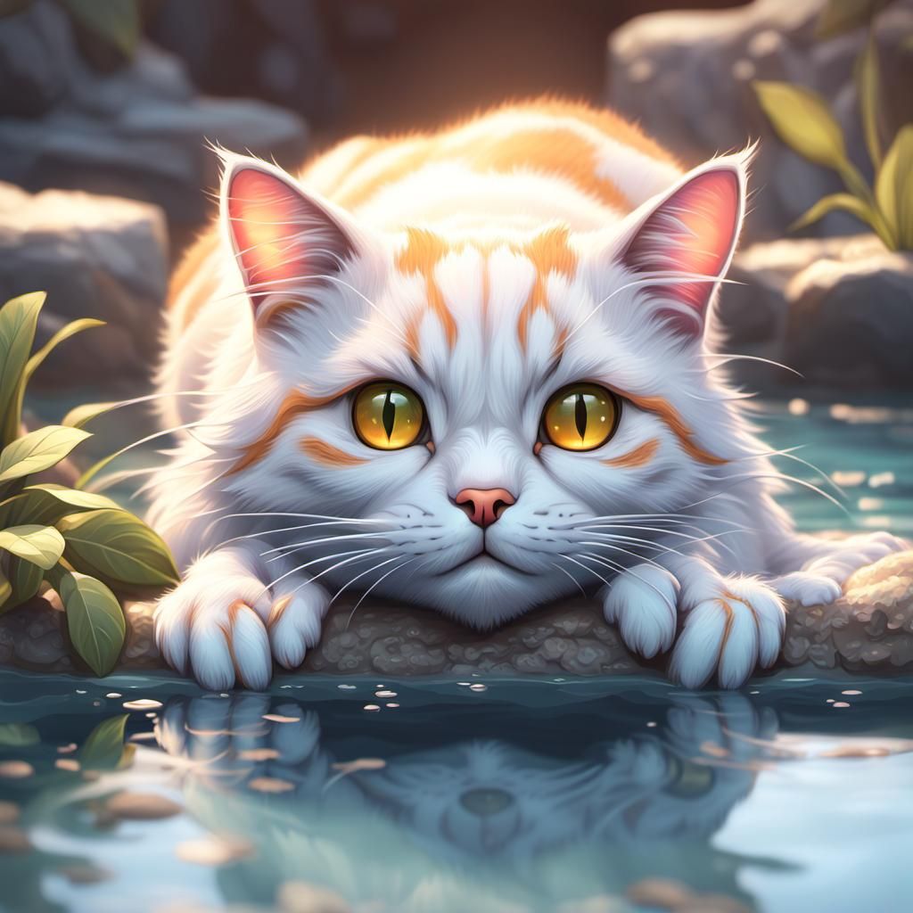 Cute Resting Cat with Big Eyes in 3D