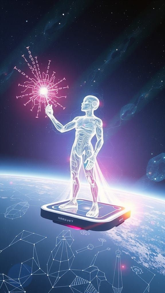 Ethereal AI Conductor in Cyberpunk Space