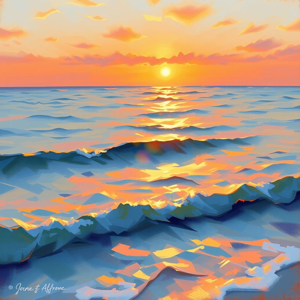 Serene Sunset Sea in Impressionist Style