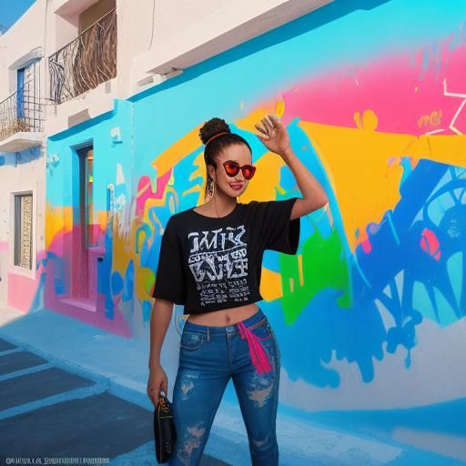 Colorful Santorini Graffiti Street Art, Golden Hour