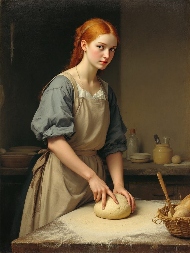 Redhead Baker Kneading Dough in Devotional Kitchen