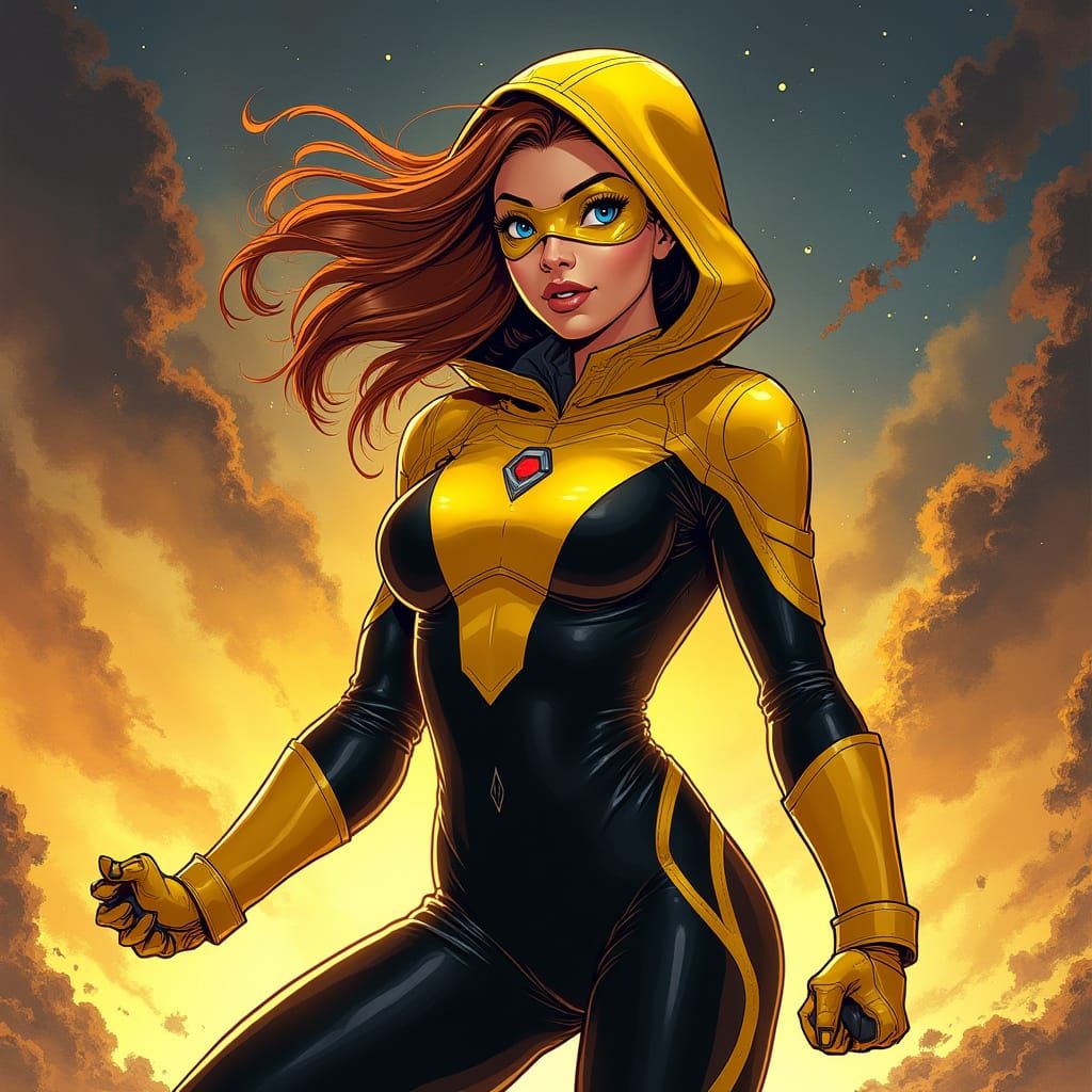 Amber Superhero Girl in Futuristic Comic Book Style