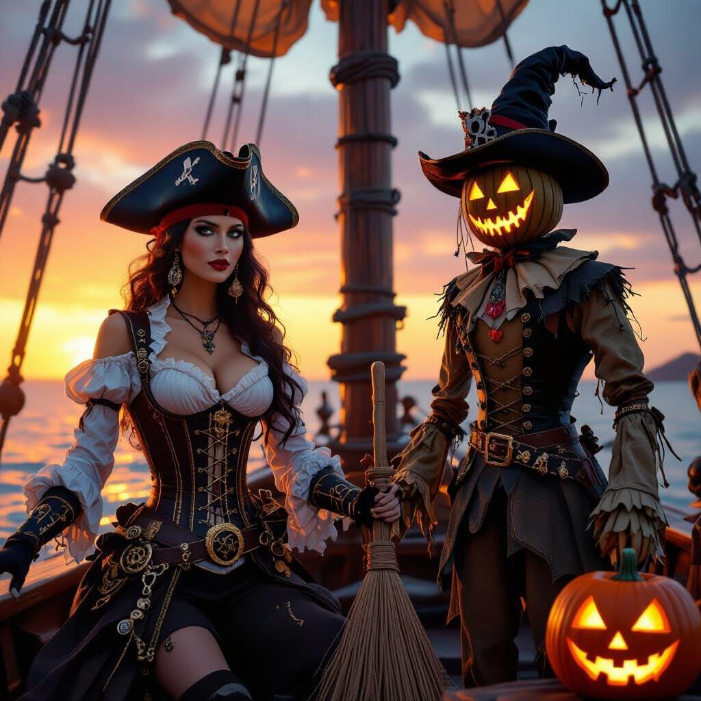 Pirate Woman and Spooky Scarecrow at Sunset