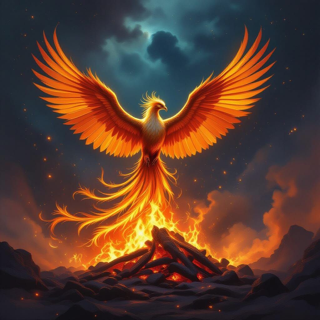 Majestic Golden Phoenix Rises From Embers, Cosmic Nebula Bac...