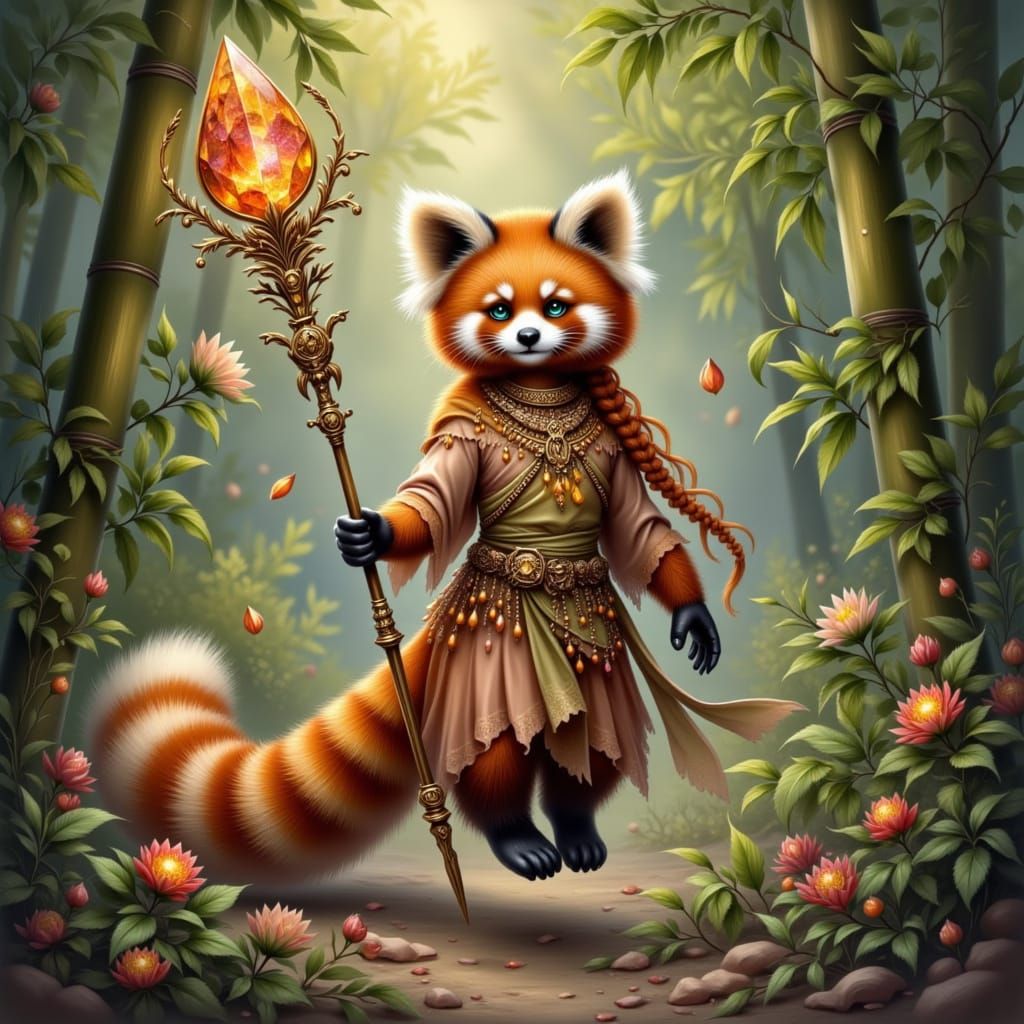 Red Panda Druid in Bamboo Forest with Sunstone Headdress