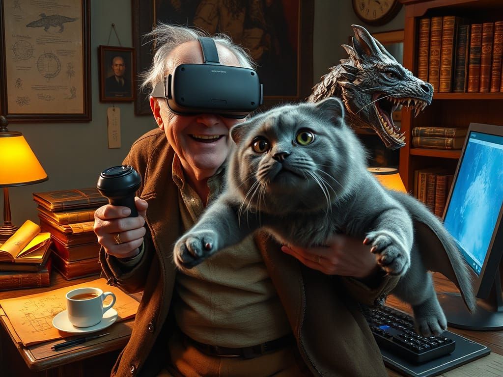 VR Dragon Battle: Elderly Man in Cozy Study