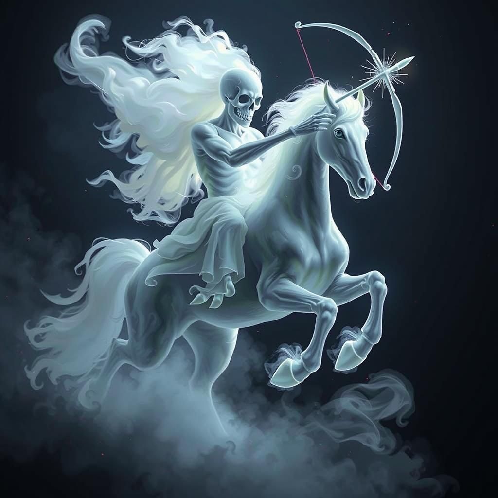 Wild Hunt, ghostly figure of a spooky centaur ,Sagittarius formed entirely out of swirling, translucent white smoke. The...