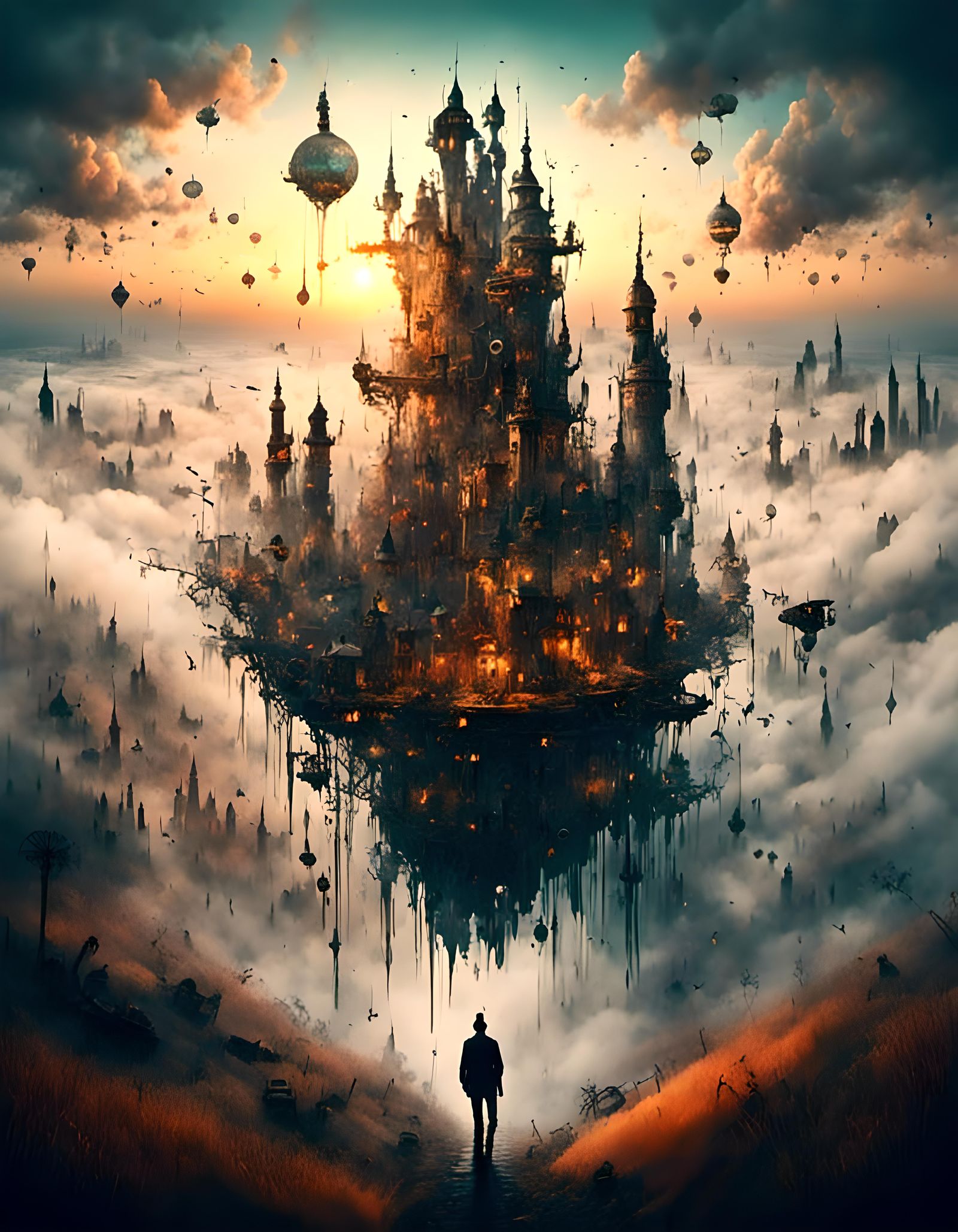 Steampunk Sky City at Sunset