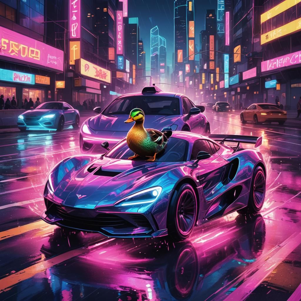 Duck Drives Neon Sports Car: Comic Book Art