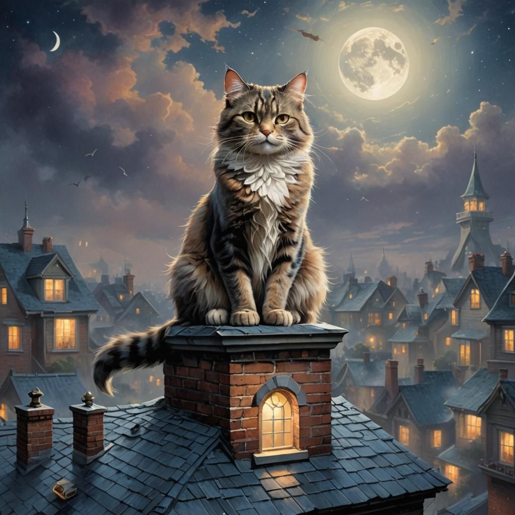 Ethereal Cat Under Moonlight in Kinkade Style