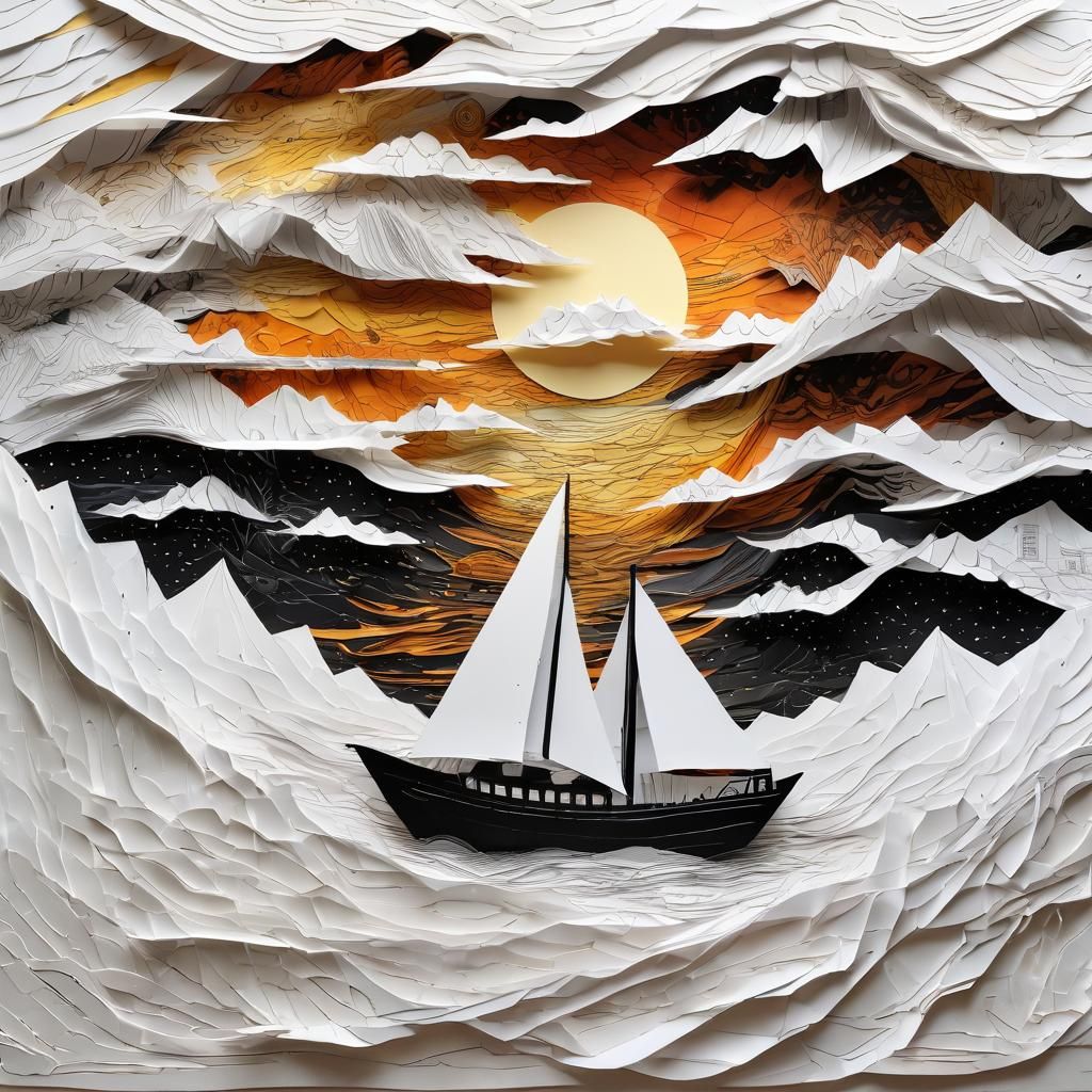 Paper Boat Sails into Surreal Sunset
