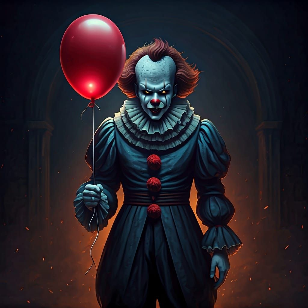Creepy Clown with Red Balloon, Hyperdetailed Digital Art