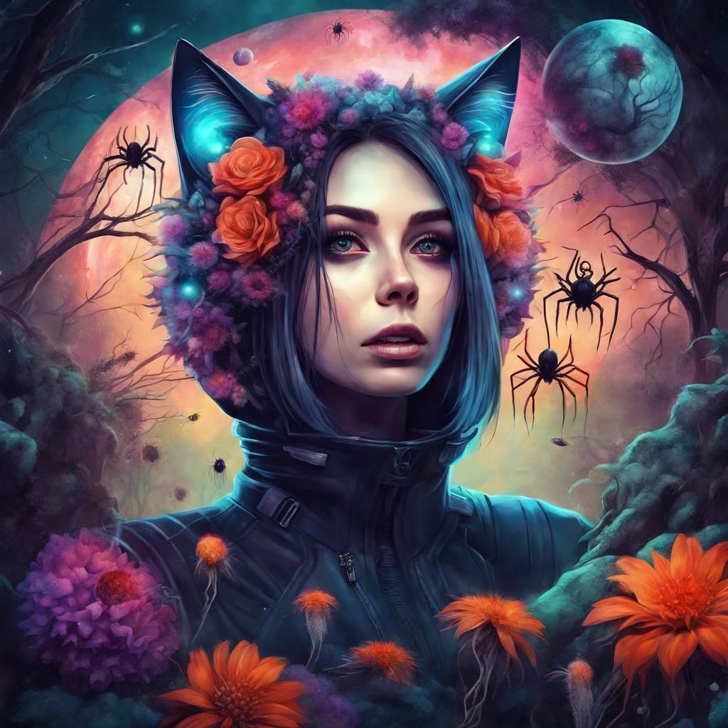 Surreal Horror Fantasy Portrait with Flowers and Spiders