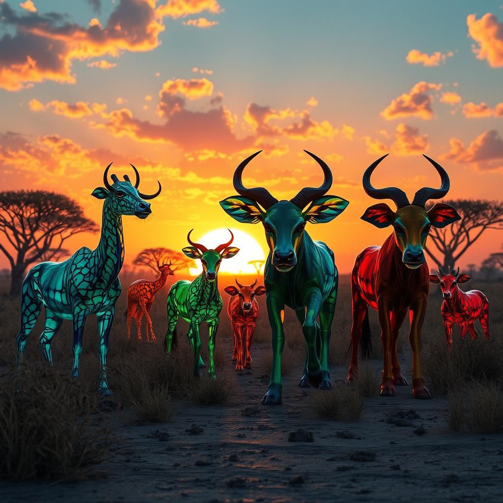 Coloured glass animals in the savannah at sunset