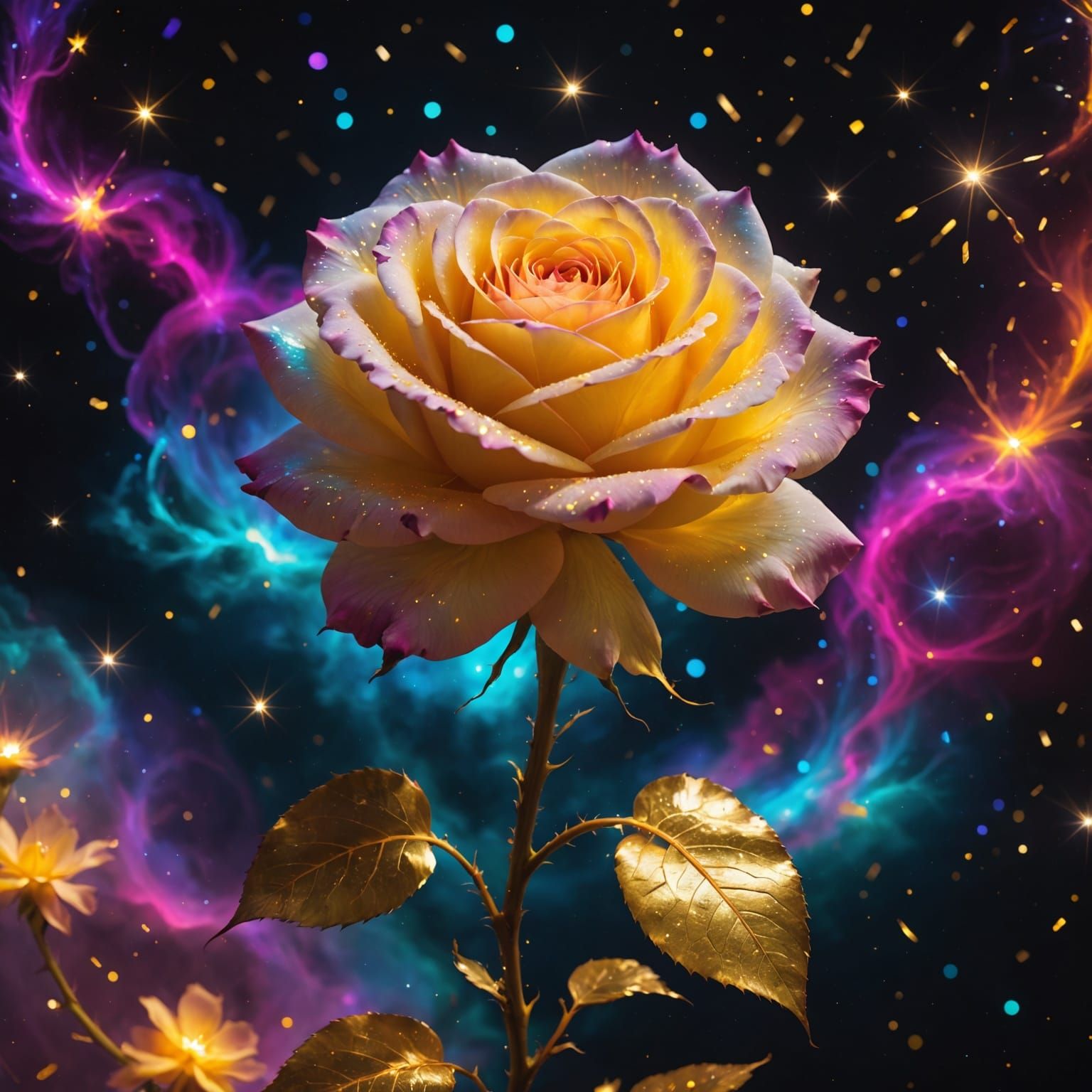 Ethereal Cosmic Rose Blooms in Golden Nebulae