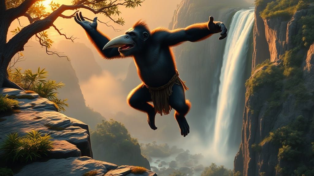 Beaked Chimpanzee Leaping in Jungle Waterfall Scene