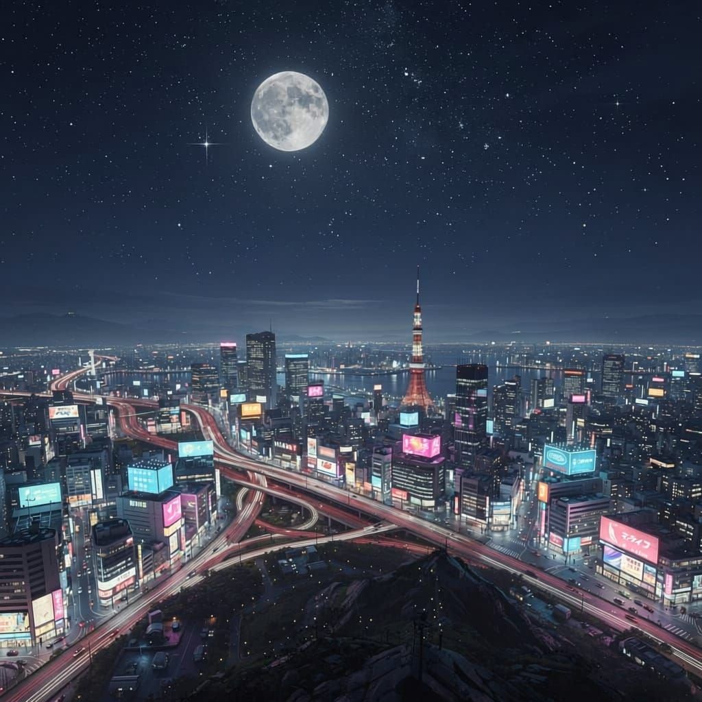Tokyo Neon Cityscape at Night from Mountain View