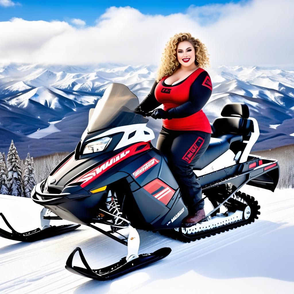 Plus Size Woman Snowmobiling in Winter