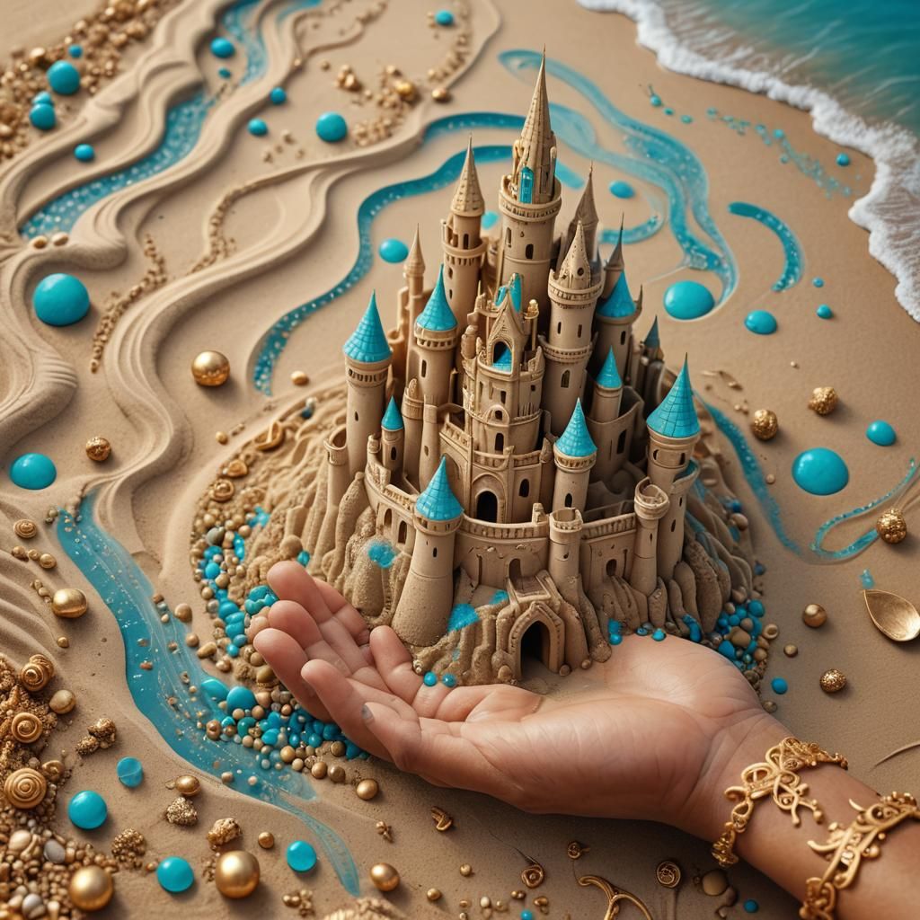 Hand Holding Delicate Sand Castle on the Beach