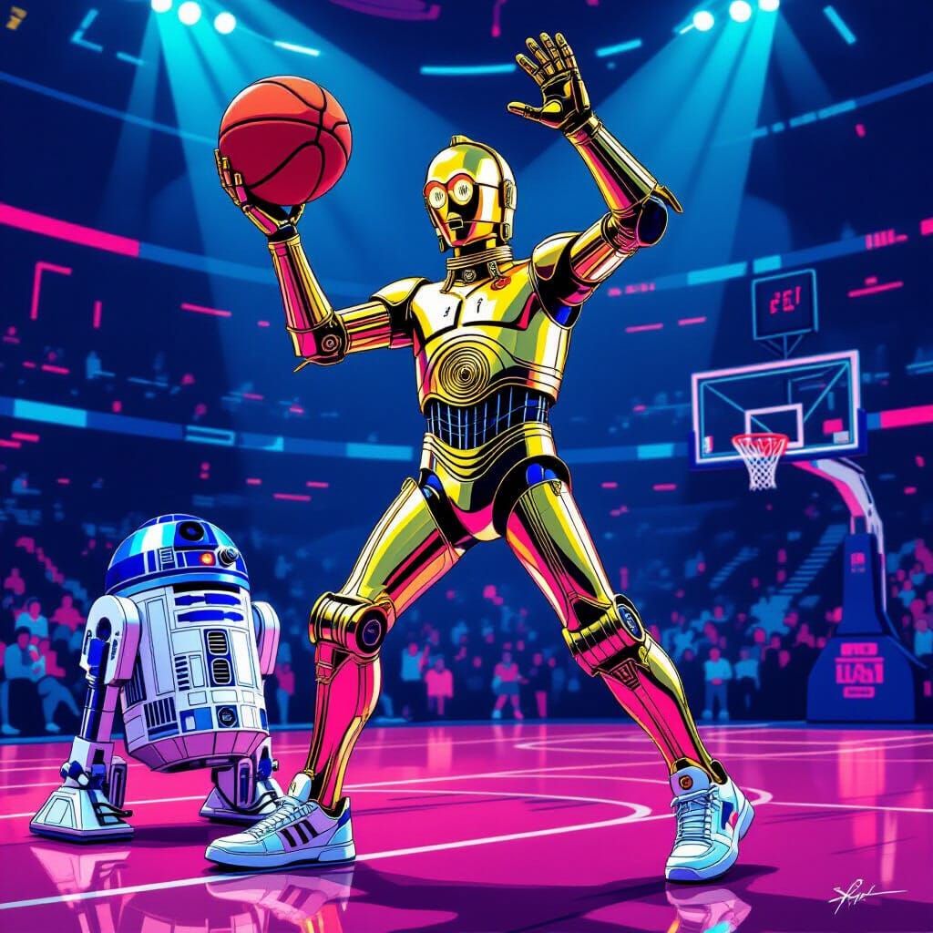 C3PO Dunking Basketball Over R2-D2 on Neon Court