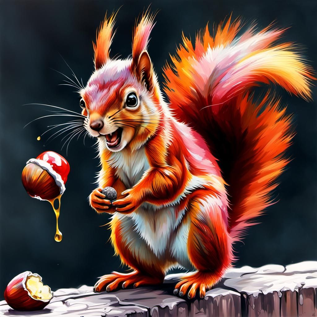 Cute Red Squirrel with Nut: Graffiti Art Style