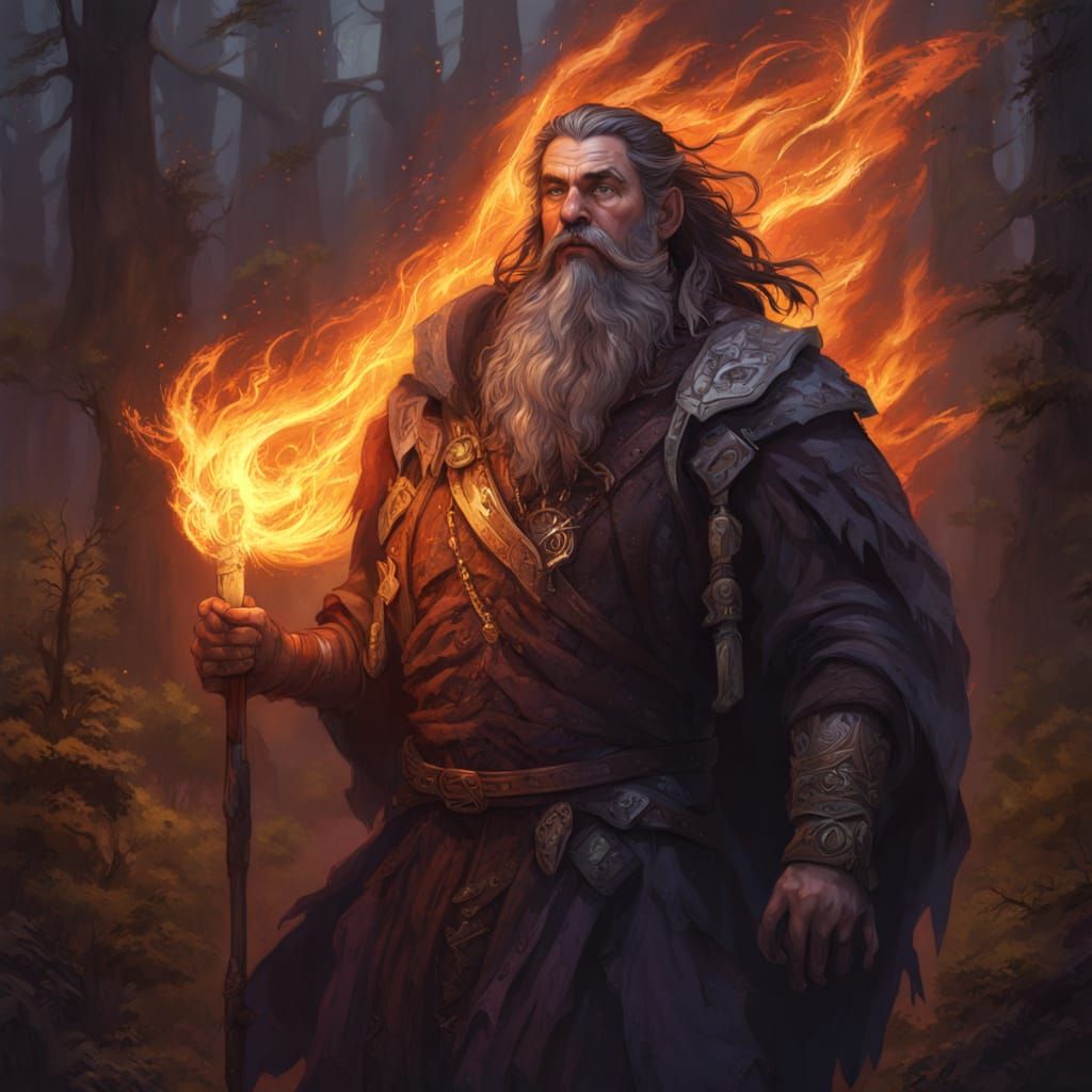 Epic Firbolg Druid in Burning Forest, Dark Fantasy Art