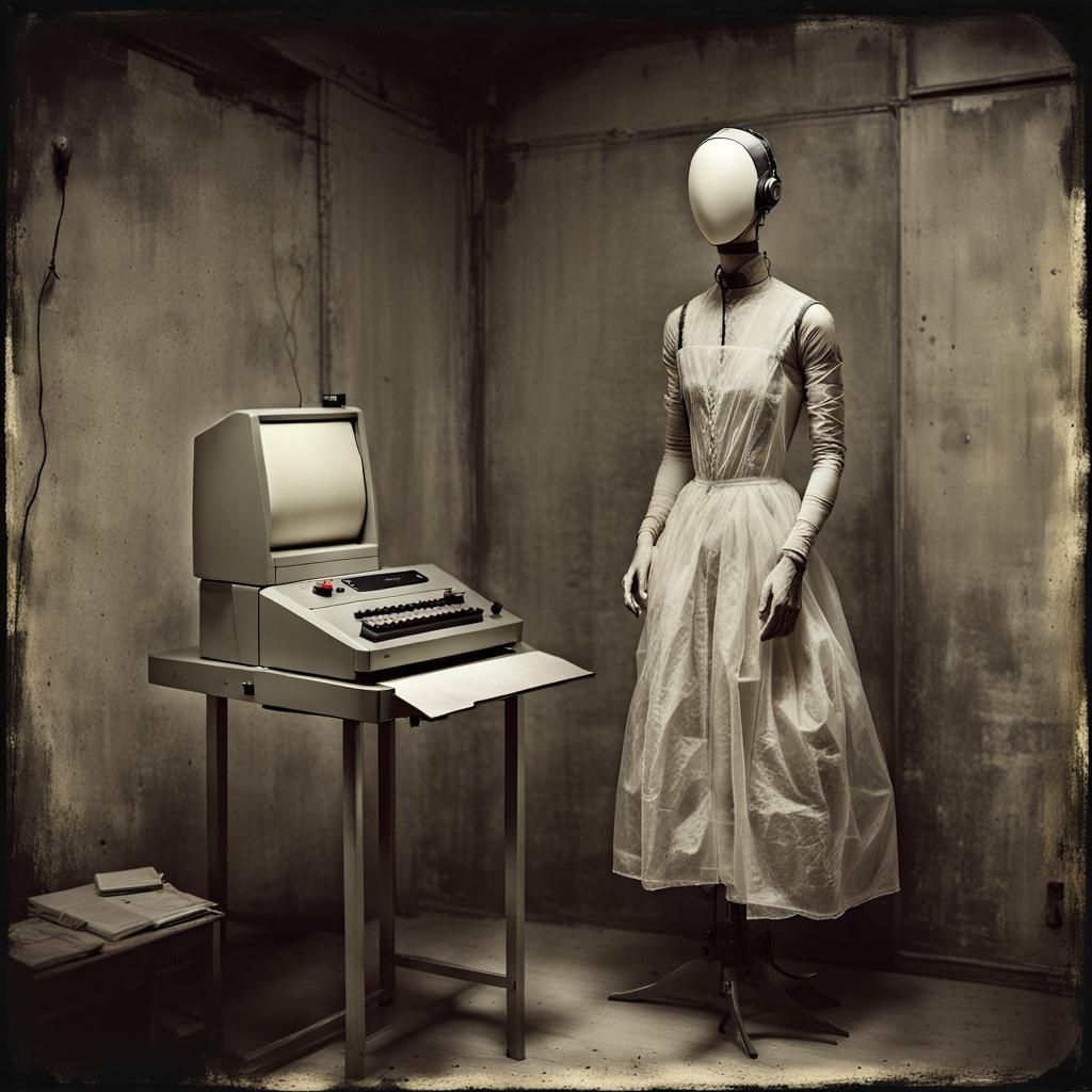 Surreal Mannequin with Advanced Tech in Dystopian Holy War